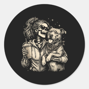 Skeleton Girl Hugging Dog - Cool Gothic Pet Lover Classic Round Sticker