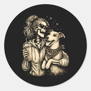 Skeleton Girl Hugging Dog - Cool Gothic Pet Lover Classic Round Sticker