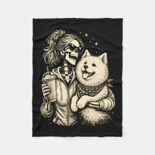 Skeleton Girl Hugging Samoyed Cute Coffee Gothic Fleece Blanket