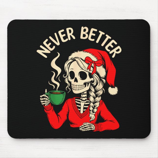 Skeleton Girl Santa Drinking Coffee Xmas Funny Sku Mouse Pad (Front)