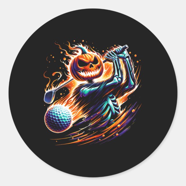 Skeleton Golfing Halloween Pumpkin Golfer Golfer  Classic Round Sticker (Front)