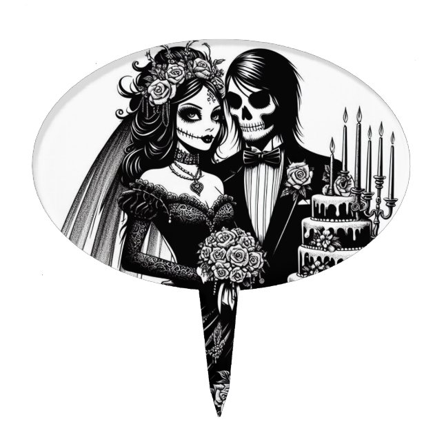 Skeleton goth Bride And Groom day of the dead Art  Cake Topper (Front)