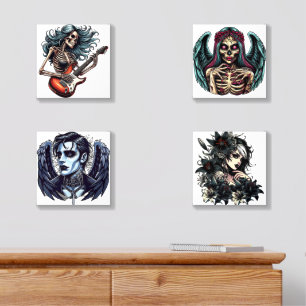 Skeleton goth girl and boy creep art illustrations acrylic photo tile