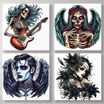 Skeleton goth girl and boy creep art illustrations