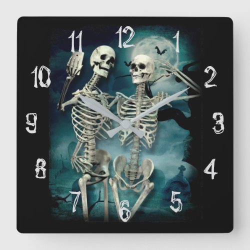 Skeleton graveyard moon selfies square wall clock