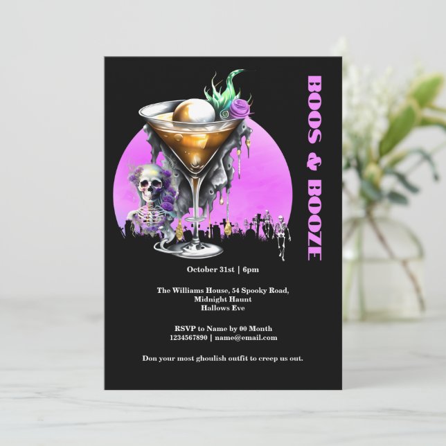 Skeleton graveyard skull cocktail full moon horror invitation (Standing Front)