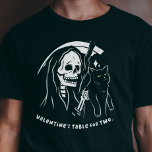 Skeleton Grim Reaper Holding Cat Funny Cat Lover T-Shirt<br><div class="desc">Celebrate the single life this Valentine's Day. It's the ultimate funny and sarcastic nod to solo celebrations. As a proud cat mom or cat dad, this ironic shirt is your ticket to a purrfectly rebellious Valentine's. Embrace the humor, revel in the irony, and wear your single status with pride. It's...</div>