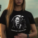 Skeleton Grim Reaper Holding Cat Funny Cat Lover T-Shirt<br><div class="desc">Celebrate the single life this Valentine's Day. It's the ultimate funny and sarcastic nod to solo celebrations. As a proud cat mom or cat dad, this ironic shirt is your ticket to a purrfectly rebellious Valentine's. Embrace the humor, revel in the irony, and wear your single status with pride. It's...</div>