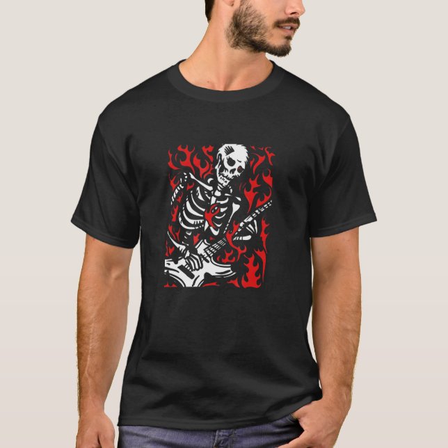 Skeleton Guitar Flame Rock  For Band T-Shirt (Front)