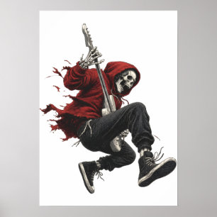 Skeleton Guitarist in Red Hoodie Rock Poster