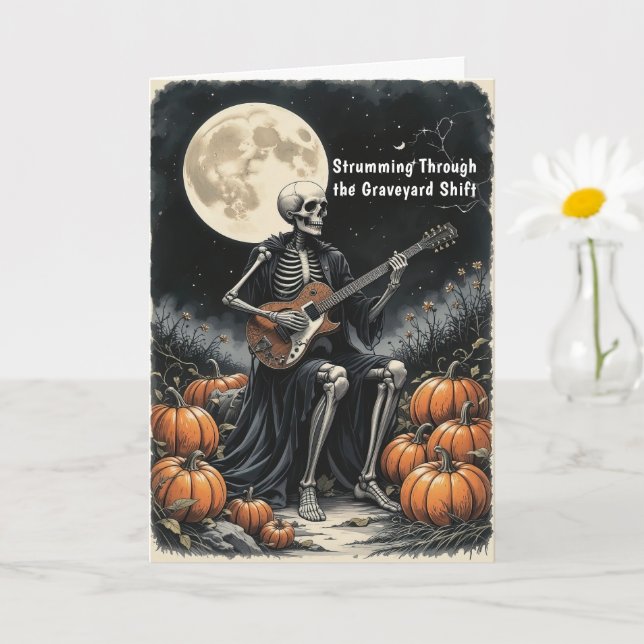 Skeleton Guitarist Under Full Moon with Pumpkins  Card (Small Plant)