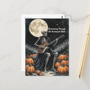 Skeleton Guitarist Under Full Moon with Pumpkins  Postcard