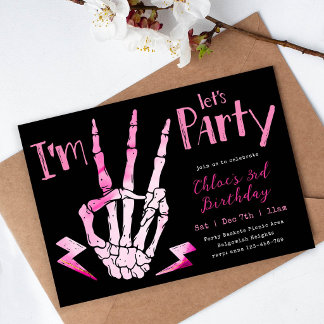 Skeleton Halloween 3, Girls Third Birthday Invitation