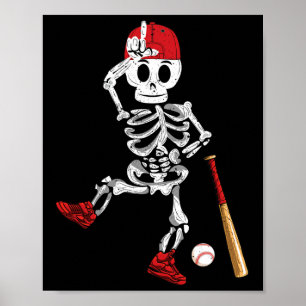 Skeleton Halloween Funny Skeleton Baseball Playing Poster