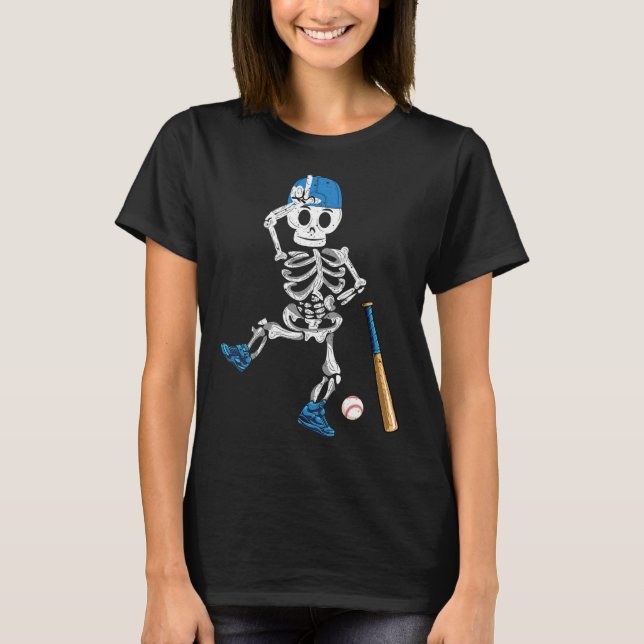 Skeleton Halloween Vintage Baseball Playing  T-Shirt (Front)