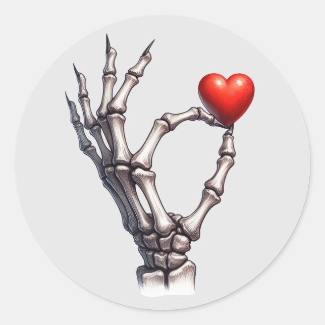 Skeleton Hand Balancing Small Heart Classic Round Sticker (Front)