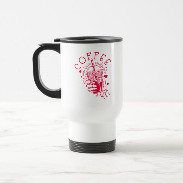 Skeleton Hand Coffee Red Hearts Gothic Travel Mug (Left)