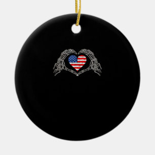 Skeleton Hand Heart 4th Of American Flag Patriotic Ceramic Ornament