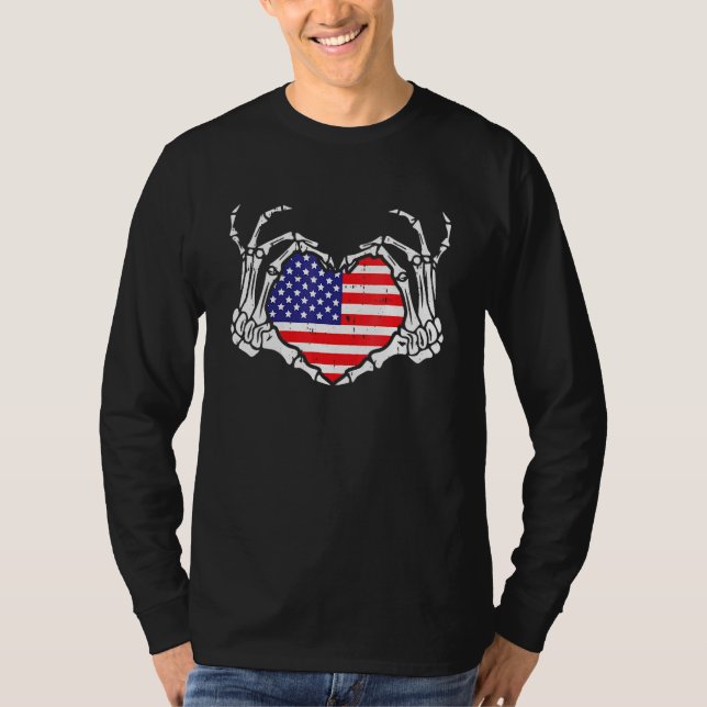 Skeleton Hand Heart 4th Of July Love American Flag T-Shirt (Front)