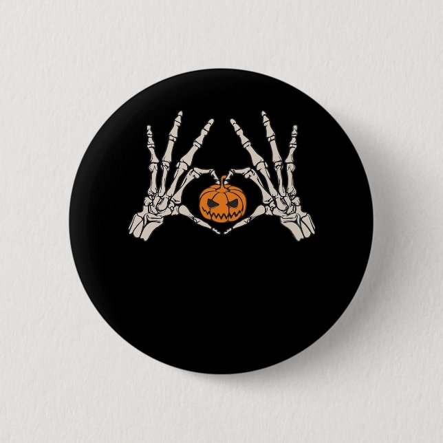 Skeleton Hand Heart And Pumpkin Funny Skull Button (Front)
