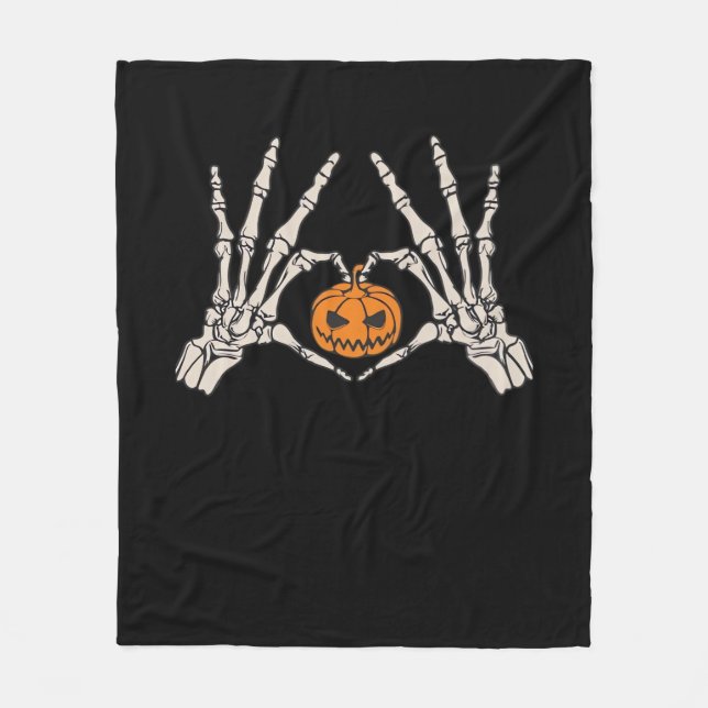 Skeleton Hand Heart And Pumpkin Funny Skull Fleece Blanket (Front)