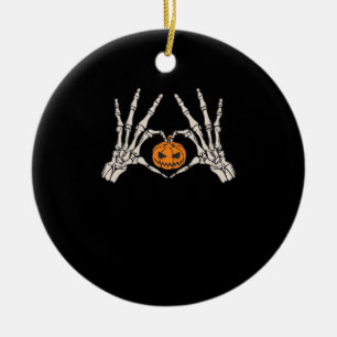 Skeleton Hand Heart And Pumpkin Funny Skull Hallow Ceramic Ornament