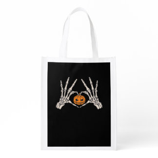 Skeleton Hand Heart And Pumpkin Funny Skull Hallow Grocery Bag