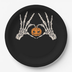 Skeleton Hand Heart And Pumpkin Funny Skull Hallow Paper Plates