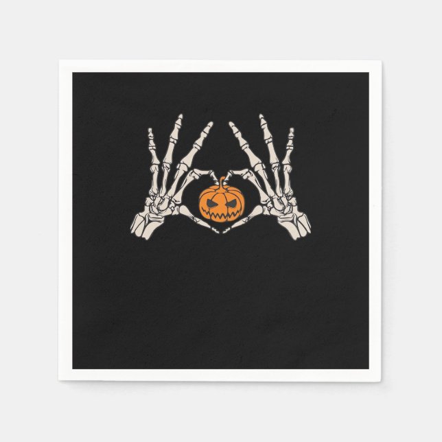 Skeleton Hand Heart And Pumpkin Funny Skull Napkins (Front)
