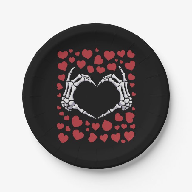 Skeleton Hand Heart Funny Bones Valentine's Day Paper Plates (Front)