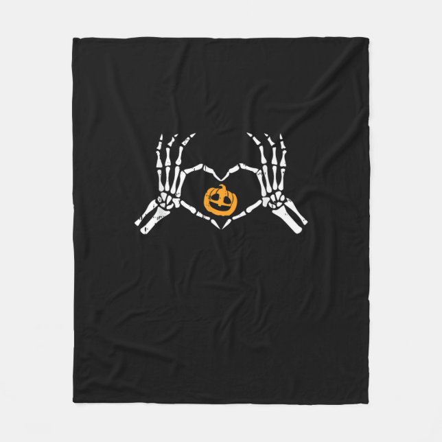 Skeleton Hand Heart Halloween Costume Pumpkin Fleece Blanket (Front)