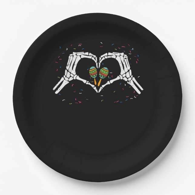 Skeleton Hand Heart Maracas Cinco De Mayo Mexican  Paper Plates (Front)