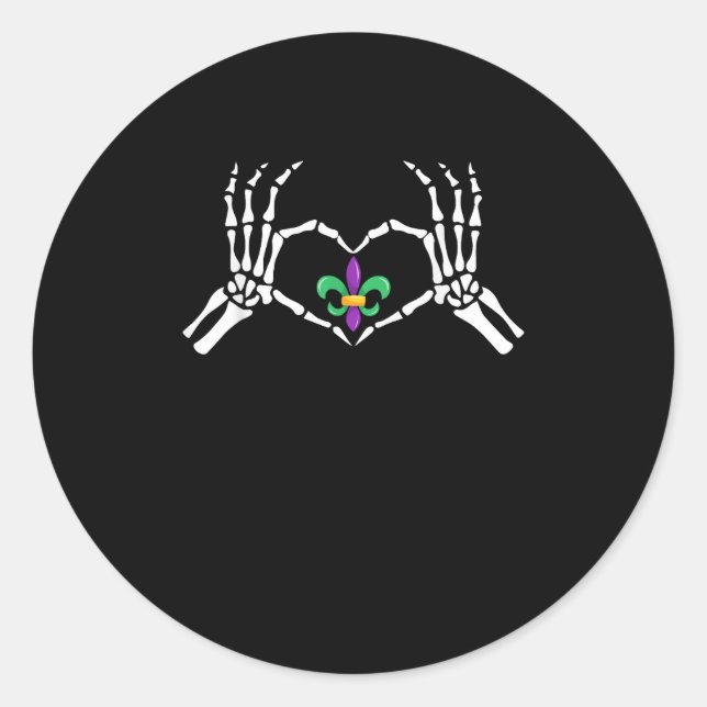 Skeleton Hand Heart Mardi Gras Vibrant Expression Classic Round Sticker (Front)