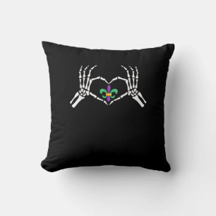 Skeleton Hand Heart Mardi Gras Vibrant Expression Throw Pillow