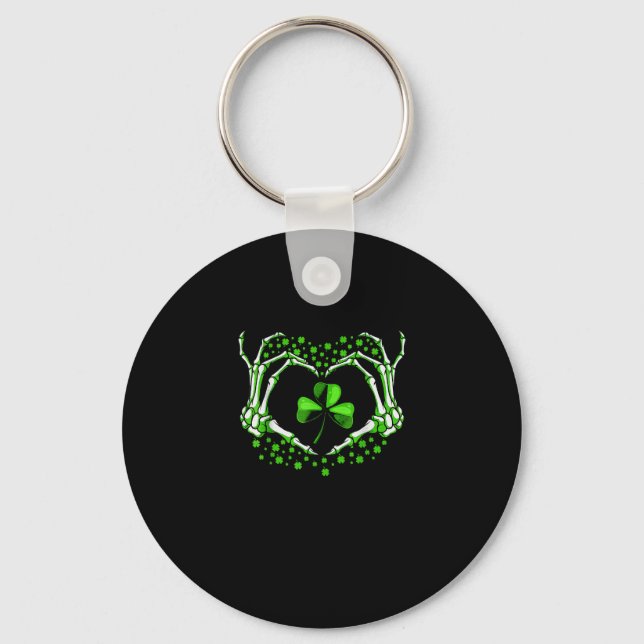 Skeleton Hand Heart Shamrock St Patricks Day Paddy Keychain (Front)