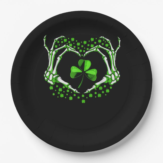 Skeleton Hand Heart Shamrock St Patricks Day Paddy Paper Plates (Front)