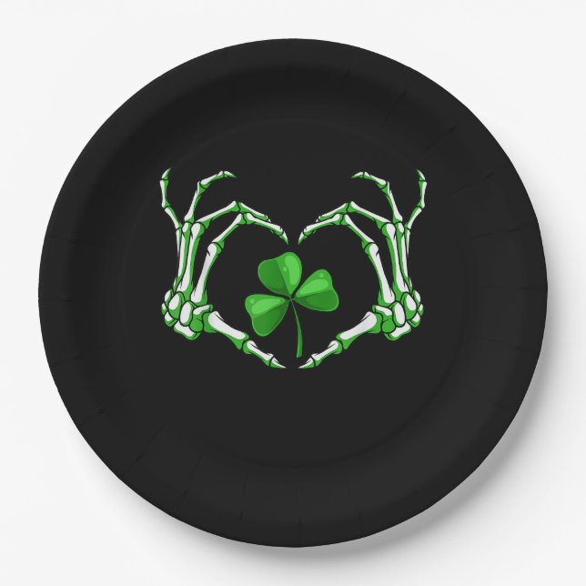 Skeleton Hand Heart Shamrock St Patricks Day Paddy Paper Plates (Front)
