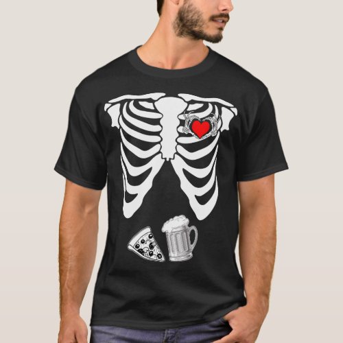 Skeleton Hand Heart Sign Halloween Beer Pizza Preg T_Shirt