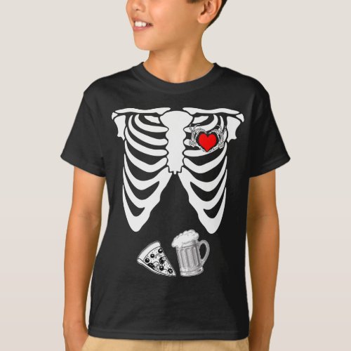 Skeleton Hand Heart Sign Halloween Beer Pizza Preg T_Shirt