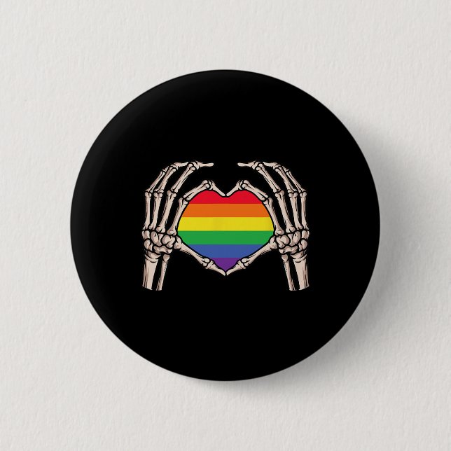 Skeleton Hand Heart Sign Retro Halloween Lgbt Rain Button (Front)