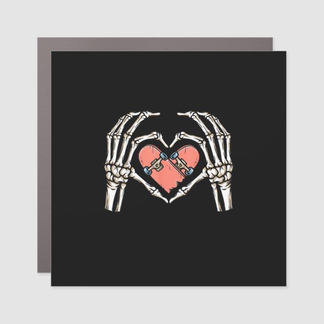 Skeleton Hand Heart Skateboard Valentines Day Funn Car Magnet (Front)