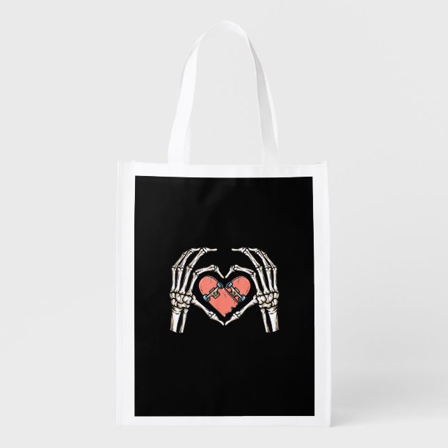 Skeleton Hand Heart Skateboard Valentines Day Funn Grocery Bag (Front)