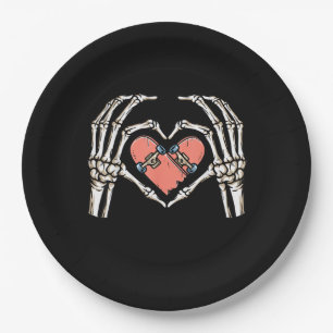 Skeleton Hand Heart Skateboard Valentines Day Funn Paper Plates