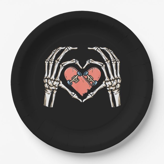 Skeleton Hand Heart Skateboard Valentines Day Funn Paper Plates (Front)