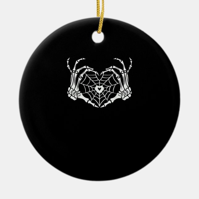 Skeleton Hand Heart Spiderweb Halloween Cobweb Ceramic Ornament (Front)