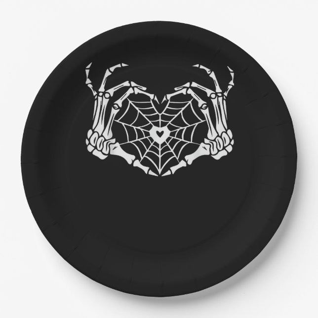 Skeleton Hand Heart Spiderweb Halloween Cobweb Paper Plates (Front)