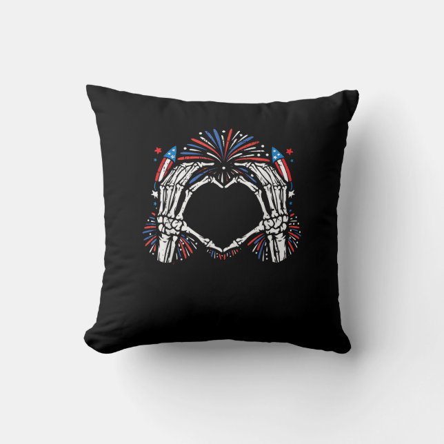 Skeleton Hand Heart USA Patriotic American Bold  Throw Pillow (Front)