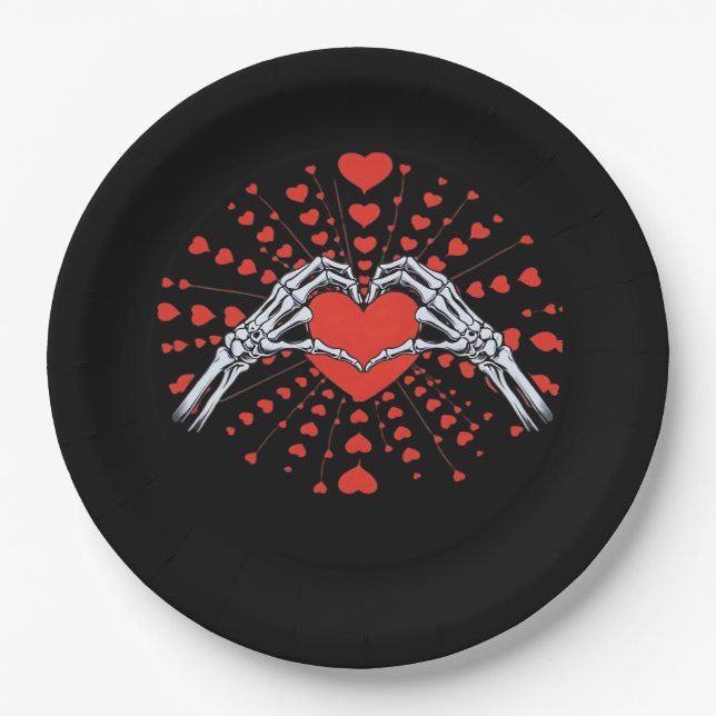 Skeleton Hand Heart Valentines Day Funny 2025 Hear Paper Plates (Front)