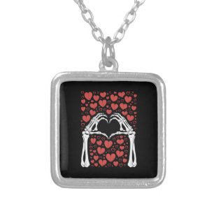 Skeleton Hand Heart Valentines Day Funny Love Silver Plated Necklace