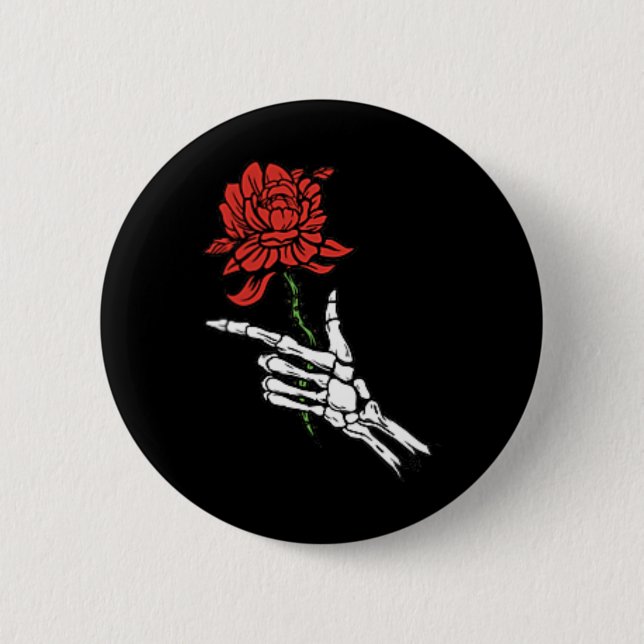 Skeleton Hand Holding A Red Rose  Button (Front)